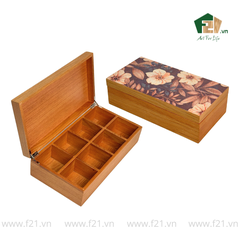 Hộp trà chữ nhật gỗ sồi họa tiết hoa mẫu đơn - 34x18 H10 cm