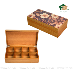 Hộp trà chữ nhật gỗ sồi họa tiết hoa mẫu đơn - 34x18 H10 cm