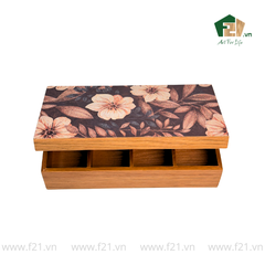 Hộp trà chữ nhật gỗ sồi họa tiết hoa mẫu đơn - 34x18 H10 cm