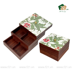 Hộp bánh mứt vuông 2 tầng gỗ walnut hoa phong lan - 24x24 H16 cm