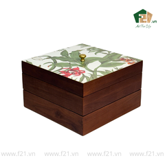 Hộp bánh mứt vuông 2 tầng gỗ walnut hoa phong lan - 24x24 H16 cm