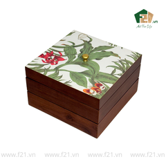Hộp bánh mứt vuông 2 tầng gỗ walnut hoa phong lan - 24x24 H16 cm