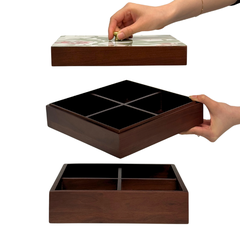 Hộp bánh mứt vuông 2 tầng gỗ walnut hoa phong lan - 24x24 H16 cm