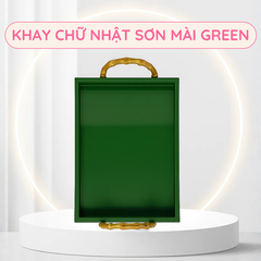 Khay chữ nhật sơn mài màu xanh có tay cầm tre