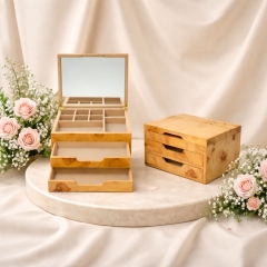 Hộp trang sức chữ nhật 3 tầng vân burl độc đáo - 25.3x20.3 H14 cm