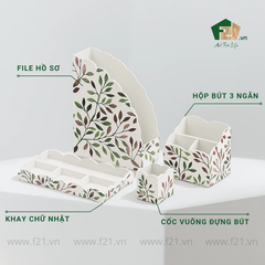 Bộ văn phòng phẩm gỗ sơn mài lá nguyệt quế cách điệu