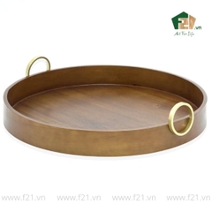 Khay tròn gỗ tự nhiên có tay cầm kim loại