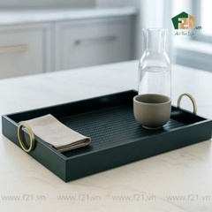Khay chữ nhật sơn mài họa tiết dập nổi có tay cầm kim loại