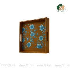 Khay gỗ tràm họa tiết hoa cúc xanh