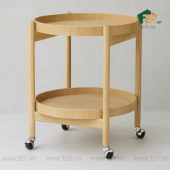 Xe đẩy rượu gỗ sồi 2 tầng kèm khay tròn tháo rời