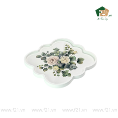 Khay vuông sơn mài trắng họa tiết con chim và hoa hồng