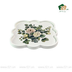 Khay vuông sơn mài trắng họa tiết con chim và hoa hồng