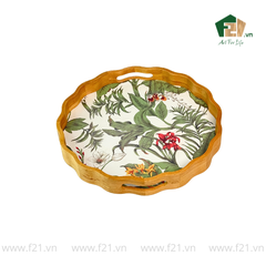 Khay tròn lượn sóng gỗ cao su họa tiết hoa phong lan - D40 x H4.8 cm