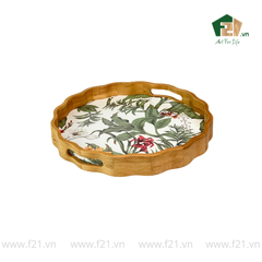 Khay tròn lượn sóng gỗ cao su họa tiết hoa phong lan - D40 x H4.8 cm