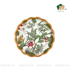 Khay tròn lượn sóng gỗ cao su họa tiết hoa phong lan - D40 x H4.8 cm