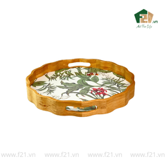 Khay tròn lượn sóng gỗ cao su họa tiết hoa phong lan - D40 x H4.8 cm