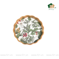Khay tròn lượn sóng gỗ cao su họa tiết hoa phong lan - D40 x H4.8 cm