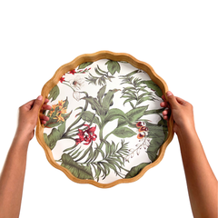 Khay tròn lượn sóng gỗ cao su họa tiết hoa phong lan - D40 x H4.8 cm