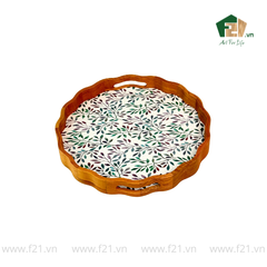 Khay tròn lượn sóng gỗ sồi họa tiết lá nguyệt quế - D40 x H4.8 cm