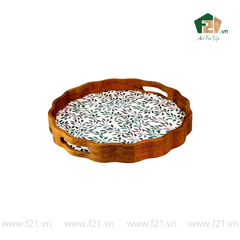 Khay tròn lượn sóng gỗ sồi họa tiết lá nguyệt quế - D40 x H4.8 cm