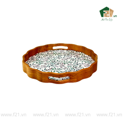 Khay tròn lượn sóng gỗ sồi họa tiết lá nguyệt quế - D40 x H4.8 cm