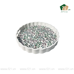 Khay tròn lượn sóng sơn mài họa tiết lá nguyệt quế - D40 x H4.8 cm