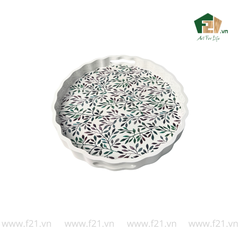 Khay tròn lượn sóng sơn mài họa tiết lá nguyệt quế - D40 x H4.8 cm