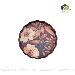 Khay tròn lượn sóng gỗ tràm họa tiết hoa hải quỳ nghệ thuật - D40 x H4.8 cm