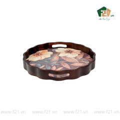 Khay tròn lượn sóng gỗ tràm họa tiết hoa hải quỳ nghệ thuật - D40 x H4.8 cm