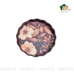 Khay tròn lượn sóng gỗ tràm họa tiết hoa hải quỳ nghệ thuật - D40 x H4.8 cm
