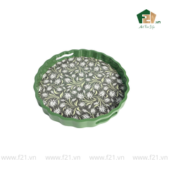 Khay tròn lượn sóng sơn mài xanh lá hoa cúc trắng - D40 x H4.8 cm