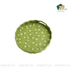Khay tròn lượn sóng sơn mài xanh lá hoa cúc trắng