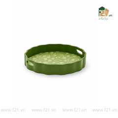 Khay tròn lượn sóng sơn mài xanh lá hoa cúc trắng