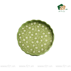 Khay tròn lượn sóng sơn mài xanh lá hoa cúc trắng