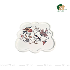 Khay vuông sơn mài trắng họa tiết con chim và hoa hồng