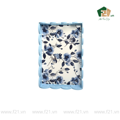 Khay chữ nhật sơn mài lượn sóng họa tiết hoa hồng và hoa lan