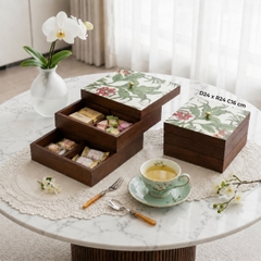 Hộp bánh mứt vuông 2 tầng gỗ walnut hoa phong lan - 24x24 H16 cm