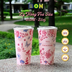 Lốc 50 Ly Giấy In Hồng Trà Sữa 500ml / 650ml (22 oz) - Đựng Trà Sữa kèm Ly Topping 120ml có nắp, Ly Dày Đẹp, 260 Gram SM