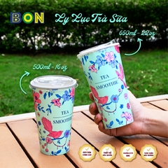 Lốc 50 Ly Giấy In Lục Trà Sữa 500ml / 650ml (22 oz) - Đựng Trà Sữa kèm Ly Topping 120ml có nắp, Ly Dày Đẹp, 260 Gram SM