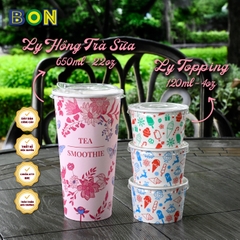 Lốc 50 Ly Giấy In Hồng Trà Sữa 500ml / 650ml (22 oz) - Đựng Trà Sữa kèm Ly Topping 120ml có nắp, Ly Dày Đẹp, 260 Gram SM