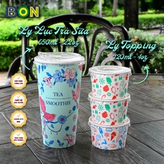 Lốc 50 Ly Giấy In Lục Trà Sữa 500ml / 650ml (22 oz) - Đựng Trà Sữa kèm Ly Topping 120ml có nắp, Ly Dày Đẹp, 260 Gram SM