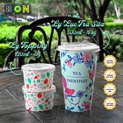 Lốc 50 Ly Giấy In Lục Trà Sữa 500ml / 650ml (22 oz) - Đựng Trà Sữa kèm Ly Topping 120ml có nắp, Ly Dày Đẹp, 260 Gram SM