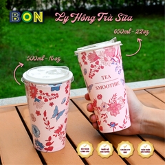 Lốc 50 Ly Giấy In Hồng Trà Sữa 500ml / 650ml (22 oz) - Đựng Trà Sữa kèm Ly Topping 120ml có nắp, Ly Dày Đẹp, 260 Gram SM