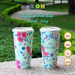 Lốc 50 Ly Giấy In Lục Trà Sữa 500ml / 650ml (22 oz) - Đựng Trà Sữa kèm Ly Topping 120ml có nắp, Ly Dày Đẹp, 260 Gram SM
