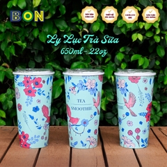 Lốc 50 Ly Giấy In Lục Trà Sữa 500ml / 650ml (22 oz) - Đựng Trà Sữa kèm Ly Topping 120ml có nắp, Ly Dày Đẹp, 260 Gram SM