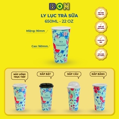 Lốc 50 Ly Giấy In Lục Trà Sữa 500ml / 650ml (22 oz) - Đựng Trà Sữa kèm Ly Topping 120ml có nắp, Ly Dày Đẹp, 260 Gram SM