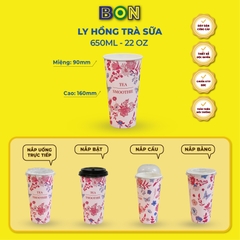 Lốc 50 Ly Giấy In Hồng Trà Sữa 500ml / 650ml (22 oz) - Đựng Trà Sữa kèm Ly Topping 120ml có nắp, Ly Dày Đẹp, 260 Gram SM