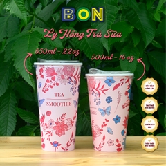 Lốc 50 Ly Giấy In Hồng Trà Sữa 500ml / 650ml (22 oz) - Đựng Trà Sữa kèm Ly Topping 120ml có nắp, Ly Dày Đẹp, 260 Gram SM