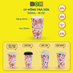 Lốc 50 Ly Giấy In Hồng Trà Sữa 500ml / 650ml (22 oz) - Đựng Trà Sữa kèm Ly Topping 120ml có nắp, Ly Dày Đẹp, 260 Gram SM