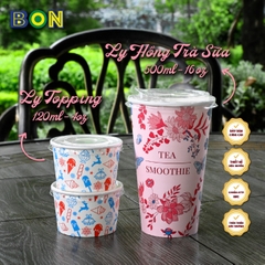 Lốc 50 Ly Giấy In Hồng Trà Sữa 500ml / 650ml (22 oz) - Đựng Trà Sữa kèm Ly Topping 120ml có nắp, Ly Dày Đẹp, 260 Gram SM